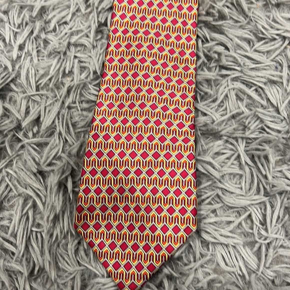 • Hermes • Mens Authentic Silk Printed Tie Pink Orange Yellow Gray - Picture 2 of 3